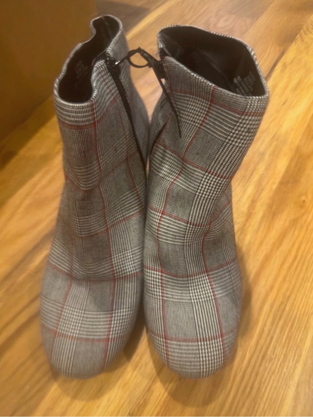Kelly & Katie Gray Plaid Ankle Boots with Red Windowpane